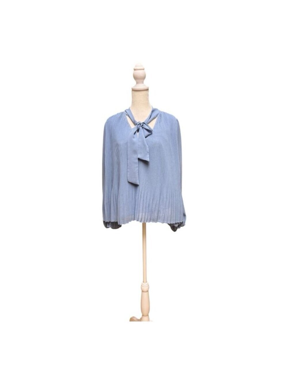 MNG Mango Pleated Tie Neck Blouse Blue Long Sleeve Sheer Top Womens Size M